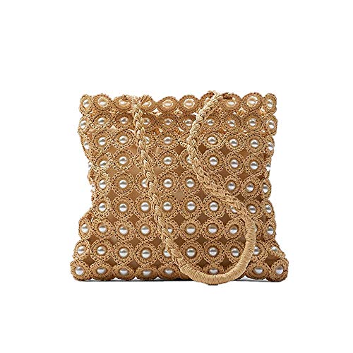 QTKJ Hand-woven Hollow Out Soft Straw Shoulder Bag with Pearl Flower, Boho Straw Handle Tote Summer Beach Bag Handbag