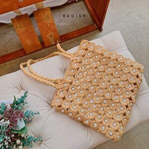 QTKJ Hand-woven Hollow Out Soft Straw Shoulder Bag with Pearl Flower, Boho Straw Handle Tote Summer Beach Bag Handbag