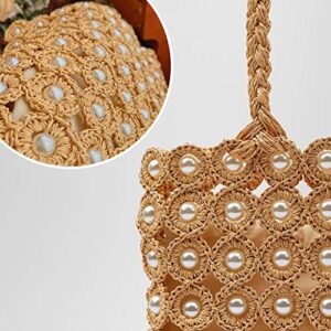 QTKJ Hand-woven Hollow Out Soft Straw Shoulder Bag with Pearl Flower, Boho Straw Handle Tote Summer Beach Bag Handbag