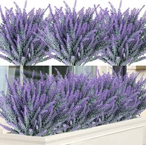 12 bundles fake flowers artificial lavender faux plastic purple flowers for home wedding kitchen garden patio window box office table centerpieces indoor outdoor decor (gray purple)