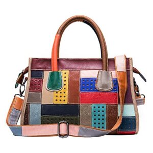 Genuine Leather Purses and Handbags for Women, Multicolored Patchwork Tote Bag Portable Travel Everyday Carry Bags