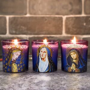 petristrike prayer candles, devotional candles, virgin of mary saints religions decoration, rosemary scented votive candles for prayer altar, mantle, church – set of 3