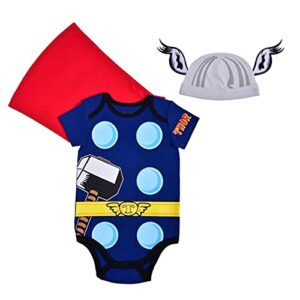 marvel thor boys’ short sleeve bodysuit costume with cape and cap set for newborn and infant – navy/red/grey