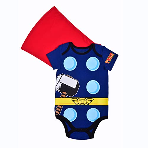 Marvel Thor Boys’ Short Sleeve Bodysuit Costume with Cape and Cap Set for Newborn and Infant – Navy/Red/Grey