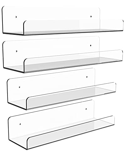 KLGO 4 Pack Clear Acrylic Floating Wall Ledge Shelf for,15" Invisible Wall Mounted Nursery Kids Floating Bookshelf for Kids Room,Modern Funko Pop Display Shelves Toy Storage Wall Shelf