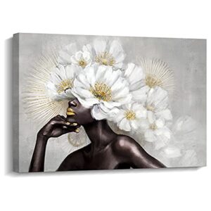 artinme framed african american black art women with glod flowers wall art hand-painted on canvas print wall picture for home accent living room wall deco 24″x36″