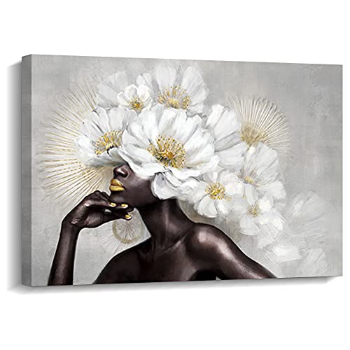 ARTINME Framed African American Black Art Women with Glod Flowers Wall Art Hand-Painted on Canvas Print Wall Picture for Home Accent Living Room Wall Deco 24"x36"
