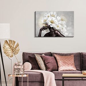 ARTINME Framed African American Black Art Women with Glod Flowers Wall Art Hand-Painted on Canvas Print Wall Picture for Home Accent Living Room Wall Deco 24"x36"