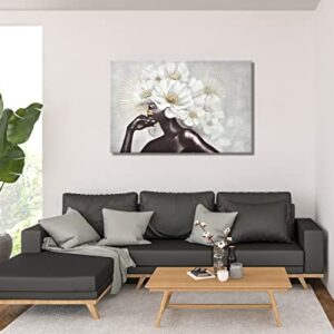 ARTINME Framed African American Black Art Women with Glod Flowers Wall Art Hand-Painted on Canvas Print Wall Picture for Home Accent Living Room Wall Deco 24"x36"