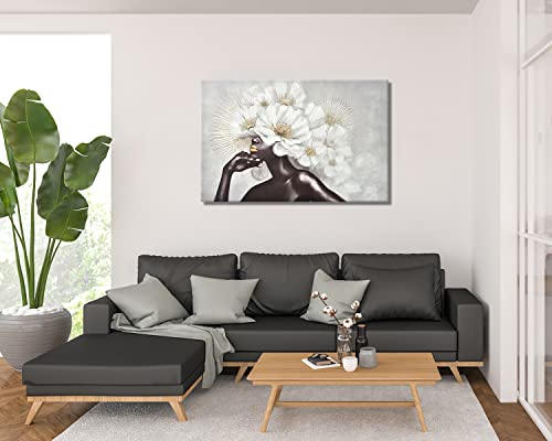 ARTINME Framed African American Black Art Women with Glod Flowers Wall Art Hand-Painted on Canvas Print Wall Picture for Home Accent Living Room Wall Deco 24"x36"