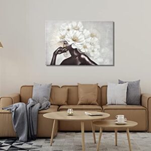 ARTINME Framed African American Black Art Women with Glod Flowers Wall Art Hand-Painted on Canvas Print Wall Picture for Home Accent Living Room Wall Deco 24"x36"