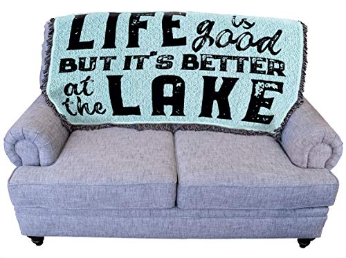 Pure Country Weavers Life is Better at The Lake House Teal Blanket - Lodge Cabin Gift Tapestry Throw for Back of Couch or Sofa - Woven from Cotton - Made in The USA (61x36)