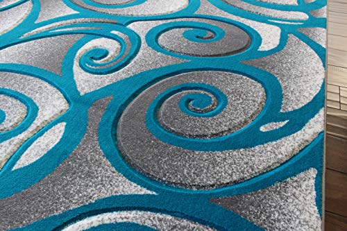 Masada Rugs, Grey White Turquoise Modern Woven Area Rug, Hand Carved (8 Feet X 10 Feet, Turquoise)