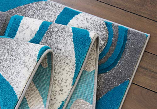 Masada Rugs, Grey White Turquoise Modern Woven Area Rug, Hand Carved (8 Feet X 10 Feet, Turquoise)