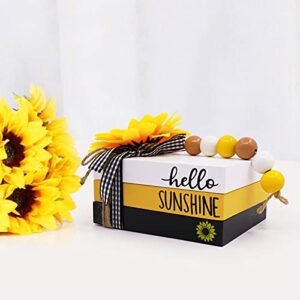 Huray Rayho Sunflower Wood Mini Book Stack Fall Tiered Tray Decor Hello Sunshine Summer Mini Faux Books Bundle Wood Bead Garland Yellow White Black Buffalo Plaid Farmhouse Shelf Sitter Decor Set of 3