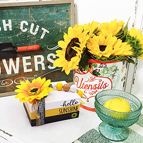 Huray Rayho Sunflower Wood Mini Book Stack Fall Tiered Tray Decor Hello Sunshine Summer Mini Faux Books Bundle Wood Bead Garland Yellow White Black Buffalo Plaid Farmhouse Shelf Sitter Decor Set of 3