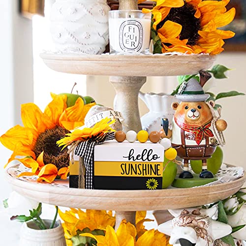 Huray Rayho Sunflower Wood Mini Book Stack Fall Tiered Tray Decor Hello Sunshine Summer Mini Faux Books Bundle Wood Bead Garland Yellow White Black Buffalo Plaid Farmhouse Shelf Sitter Decor Set of 3