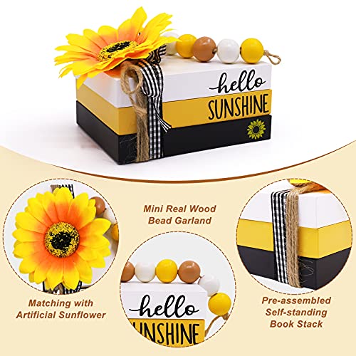 Huray Rayho Sunflower Wood Mini Book Stack Fall Tiered Tray Decor Hello Sunshine Summer Mini Faux Books Bundle Wood Bead Garland Yellow White Black Buffalo Plaid Farmhouse Shelf Sitter Decor Set of 3