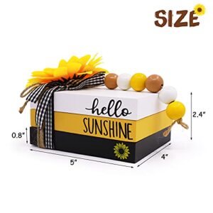 Huray Rayho Sunflower Wood Mini Book Stack Fall Tiered Tray Decor Hello Sunshine Summer Mini Faux Books Bundle Wood Bead Garland Yellow White Black Buffalo Plaid Farmhouse Shelf Sitter Decor Set of 3