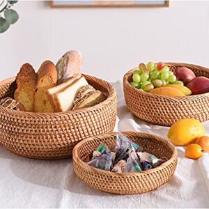 YANGQIHOME Natural Rattan Round Fruit Basket Bowls, Handwoven Storage Serving Baskets, Wicker Organizer for Dinning Room (Set of 3)