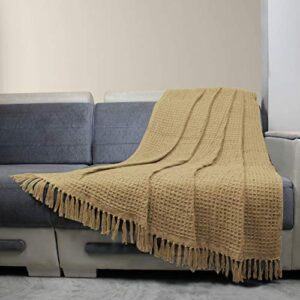 Rustic Farmhouse Throw Blanket - 50x60 Inches Sand Brown Cotton Honeycomb Woven Boho Blankets Soft and Cozy Throws with Decorative Tassels
