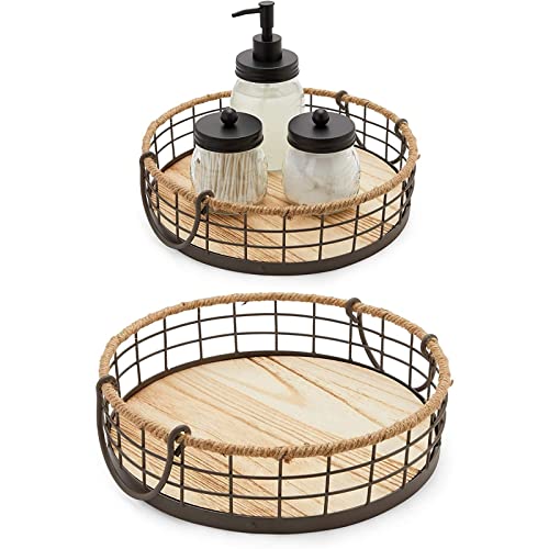 Round Wooden Wire Basket Trays with Handles, Farmhouse Decor (2 Sizes, 2 Pack)