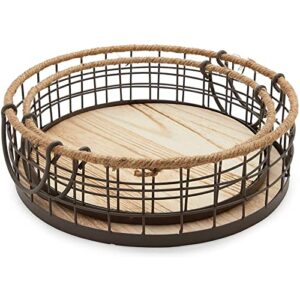 Round Wooden Wire Basket Trays with Handles, Farmhouse Decor (2 Sizes, 2 Pack)