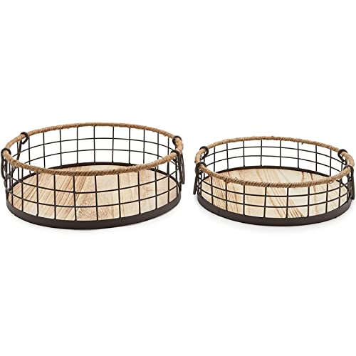 Round Wooden Wire Basket Trays with Handles, Farmhouse Decor (2 Sizes, 2 Pack)