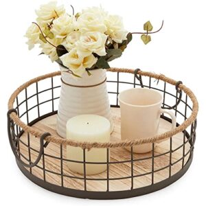 Round Wooden Wire Basket Trays with Handles, Farmhouse Decor (2 Sizes, 2 Pack)