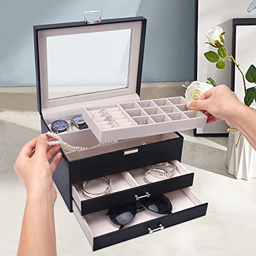 Jewelry Organizer, Watch Box with Jewelry Storage Box Jewelry Cases Storage and Organize 4 Layer Jewelry Box Watch Storage Case/black