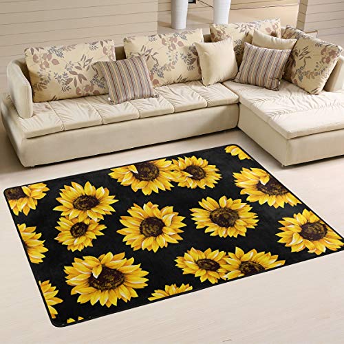 QUGRL Sunflowers Area Rug Black Carpet Rugs Floor Mat for Bedroom Living Dining Dorm Room Home Decor 36"×24"