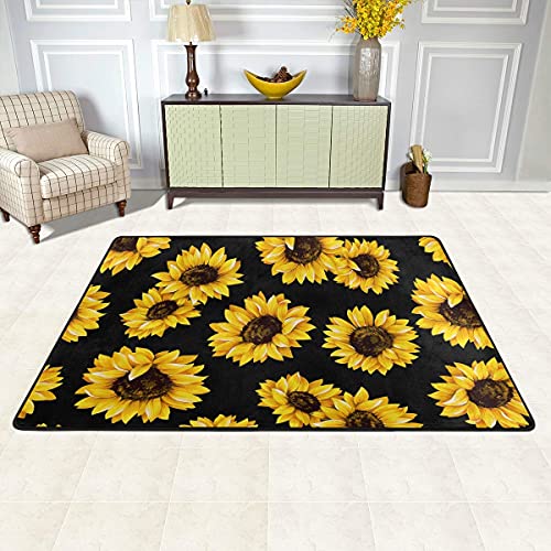 QUGRL Sunflowers Area Rug Black Carpet Rugs Floor Mat for Bedroom Living Dining Dorm Room Home Decor 36"×24"