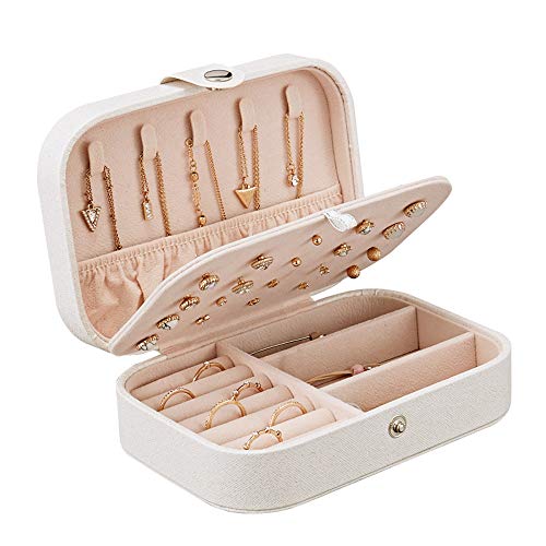 Yonzone Small Jewelry Box, Travel Jewelry Case Portable Jewelry Organizer Storage for Necklace Earring Rings, Double Layer PU Leather Mini Jewelry Holder Gift Box for Girls Women(White)