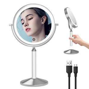 lighted makeup mirror with magnification, 1x 10x magnifying mirror with light, 8” hd double sided tabletop vanity mirror, rechargeable 3 color led dimmable desk lit cosmetic mirror, girl women gifts
