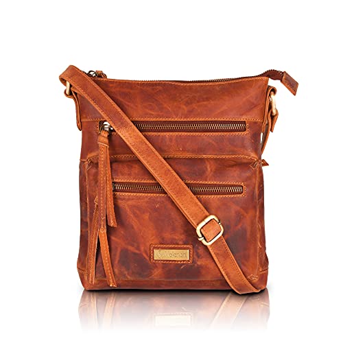 VALENCHI Genuine Leather Crossbody Bag with front Metal Zipper Pockets and long handle - Handmade