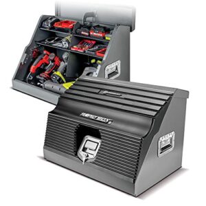 powerbuilt 26 in. portable slant front power tool locker toolbox with power drill slots, storage compartments, 16 ga. steel, chrome hardware, weather-resistant locking polymer lid, gas struts, 941805e