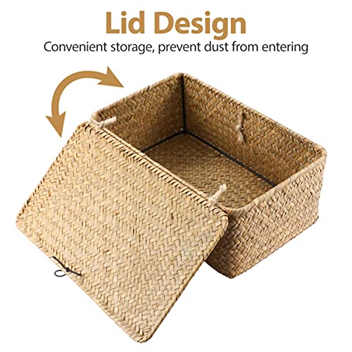 IMIKEYA Woven Storage Box Wicker Storage Bins with Lid Seagrass Basket Desktop Hand- Woven Box for Home Office Shelf Organizer