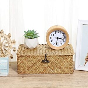 IMIKEYA Woven Storage Box Wicker Storage Bins with Lid Seagrass Basket Desktop Hand- Woven Box for Home Office Shelf Organizer