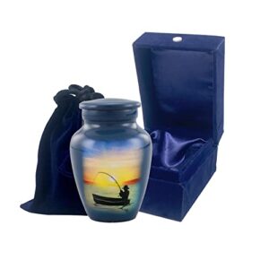 Immortal Memories Fishing Keepsake Urn - Keeksake Cremation for Ashes Token Hand Painted Mini Memorial Sharing with Velvet Case & Bag (Keepsake), Sky Blue