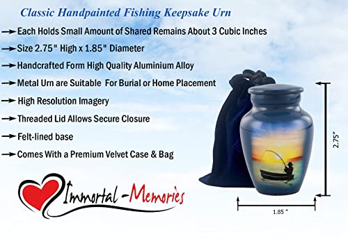 Immortal Memories Fishing Keepsake Urn - Keeksake Cremation for Ashes Token Hand Painted Mini Memorial Sharing with Velvet Case & Bag (Keepsake), Sky Blue