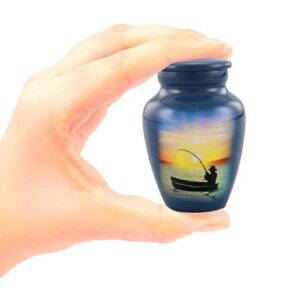 Immortal Memories Fishing Keepsake Urn - Keeksake Cremation for Ashes Token Hand Painted Mini Memorial Sharing with Velvet Case & Bag (Keepsake), Sky Blue