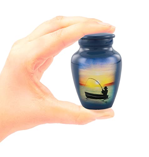 Immortal Memories Fishing Keepsake Urn - Keeksake Cremation for Ashes Token Hand Painted Mini Memorial Sharing with Velvet Case & Bag (Keepsake), Sky Blue