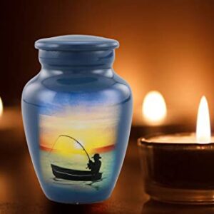 Immortal Memories Fishing Keepsake Urn - Keeksake Cremation for Ashes Token Hand Painted Mini Memorial Sharing with Velvet Case & Bag (Keepsake), Sky Blue