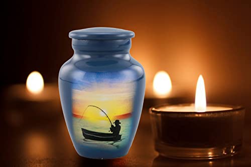 Immortal Memories Fishing Keepsake Urn - Keeksake Cremation for Ashes Token Hand Painted Mini Memorial Sharing with Velvet Case & Bag (Keepsake), Sky Blue