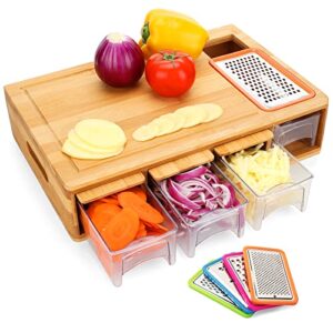 britor bamboo cutting board with drawers, large chopping board with juice grooves, easy-grip handles & food sliding opening, carving board with trays for food storage, transport and cleanup