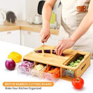 BRITOR Bamboo Cutting Board with Drawers, Large Chopping Board with Juice Grooves, Easy-Grip Handles & Food Sliding Opening, Carving Board with Trays for Food Storage, Transport and Cleanup