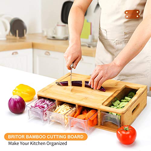 BRITOR Bamboo Cutting Board with Drawers, Large Chopping Board with Juice Grooves, Easy-Grip Handles & Food Sliding Opening, Carving Board with Trays for Food Storage, Transport and Cleanup