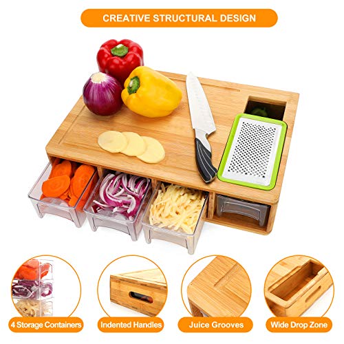 BRITOR Bamboo Cutting Board with Drawers, Large Chopping Board with Juice Grooves, Easy-Grip Handles & Food Sliding Opening, Carving Board with Trays for Food Storage, Transport and Cleanup