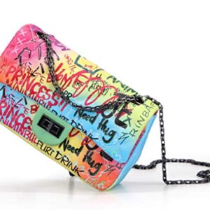 VOGUZY Women Graffiti PU Multicolour Quilted Purse Lattice Clutch Shoulder Bag Classic Cross Body with Chain Satchel Handbags Yellow Graffiti