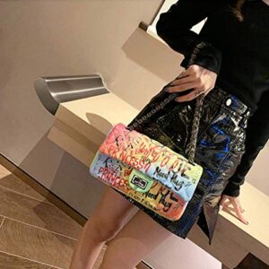 VOGUZY Women Graffiti PU Multicolour Quilted Purse Lattice Clutch Shoulder Bag Classic Cross Body with Chain Satchel Handbags Yellow Graffiti